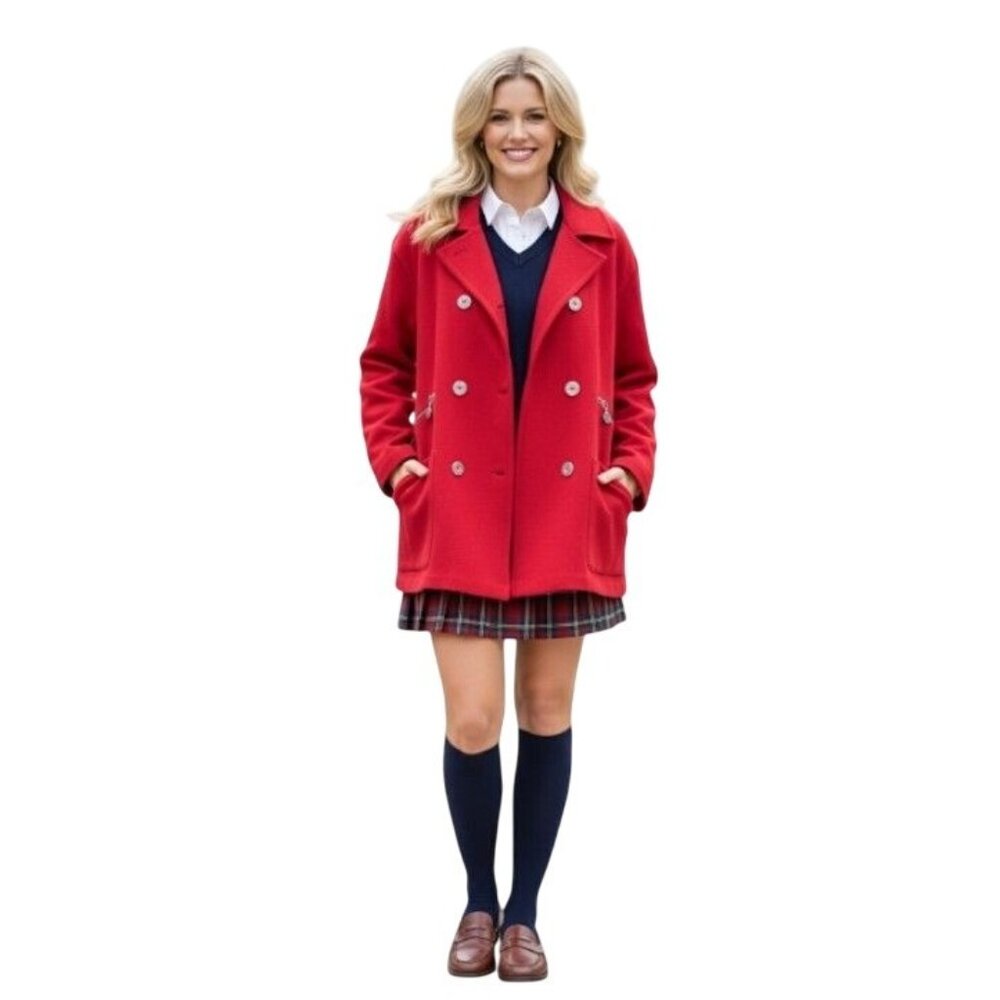 Adrienne Vittadini Classic 100% Wool Double-Breasted Peacoat Red Size M Upscale